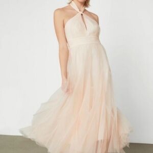 Bcbg Max Azria Beige Blush Tulle Tie Neck Cocktail Party Formal Dress